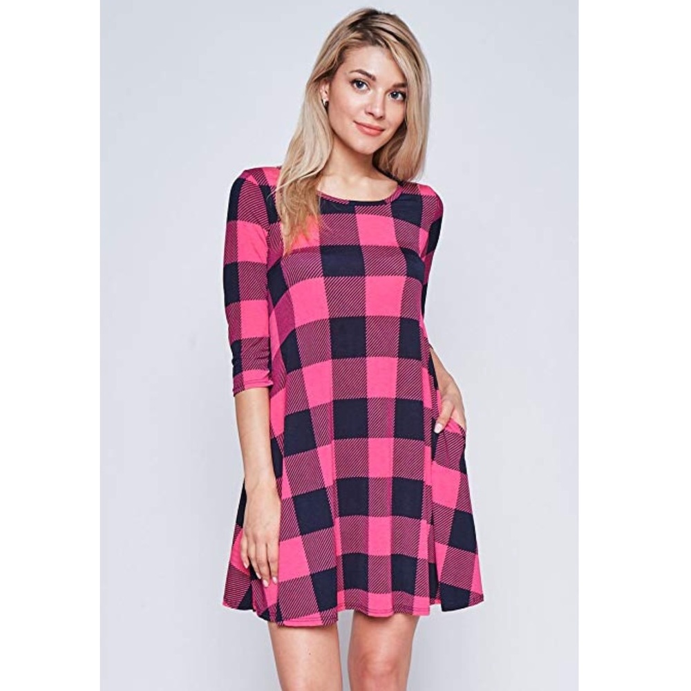 Pink/Black Checker Plaid Tunic Mini Dress Pockets - Picture 2 of 4